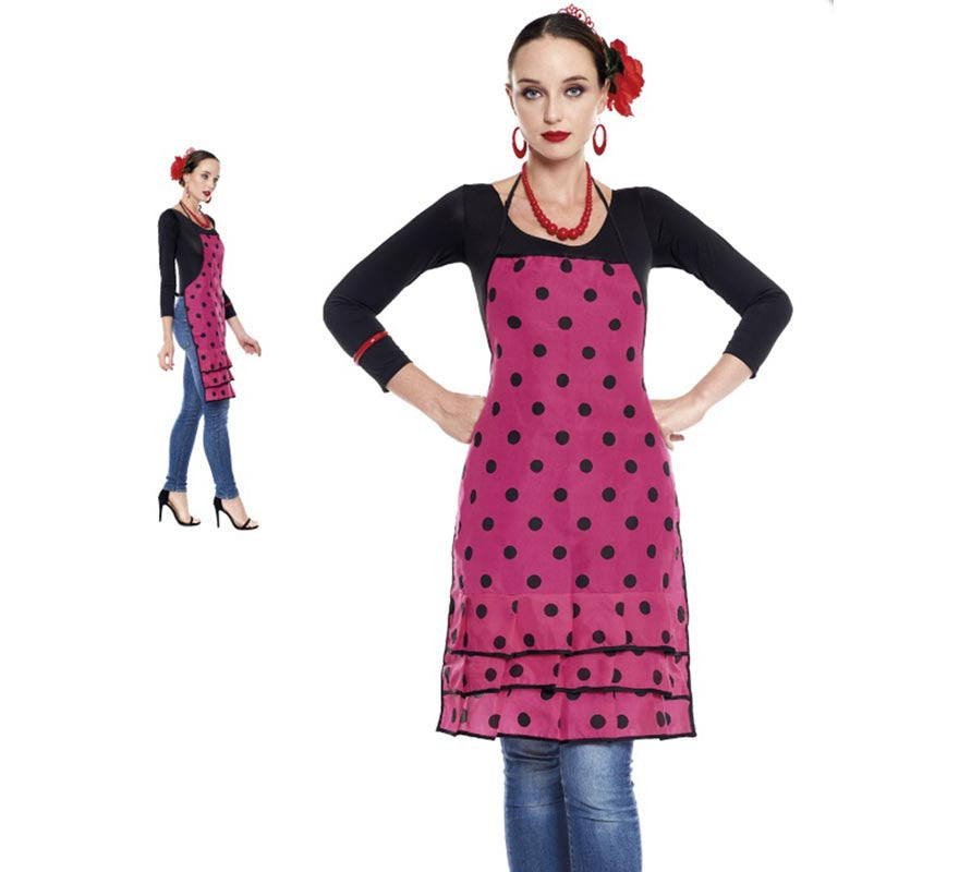 Delantal de Sevillana Fucsia con lunar negro para adulto
