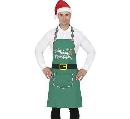 Delantal Merry Christmas verde con bolsillo adulto