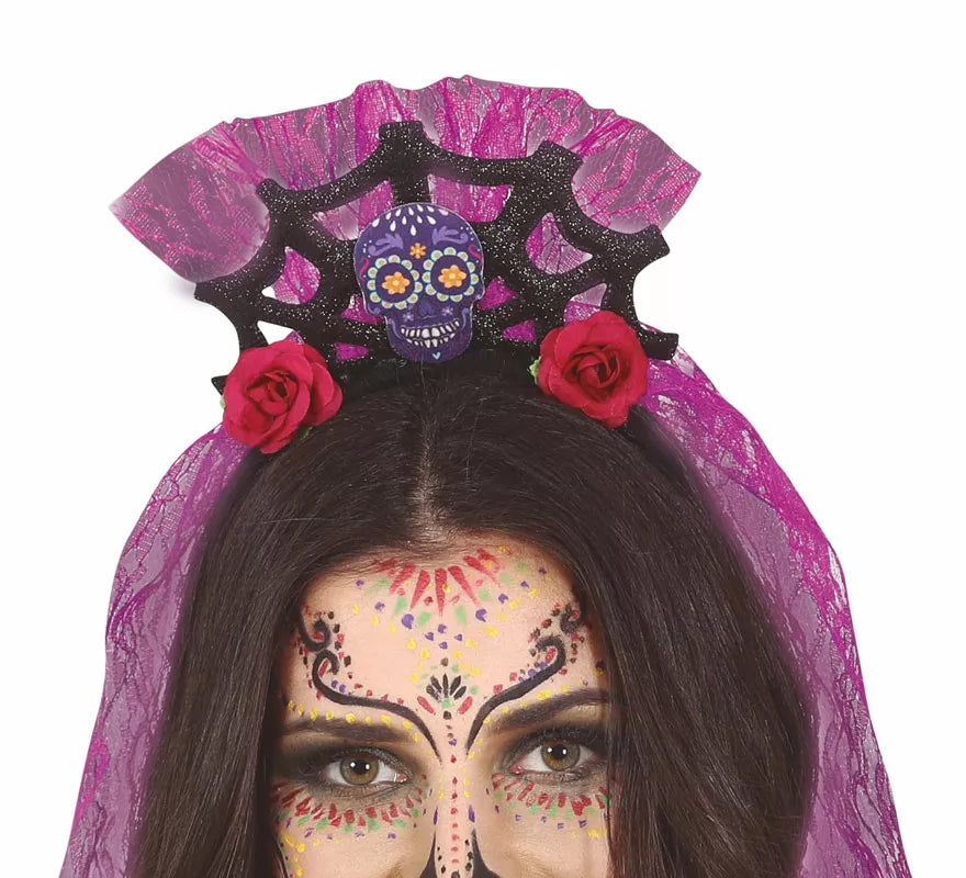 Translation missing: es.Diadema Calavera con Velo Lila y Rosas