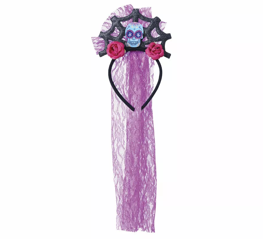 Translation missing: es.Diadema Calavera con Velo Lila y Rosas