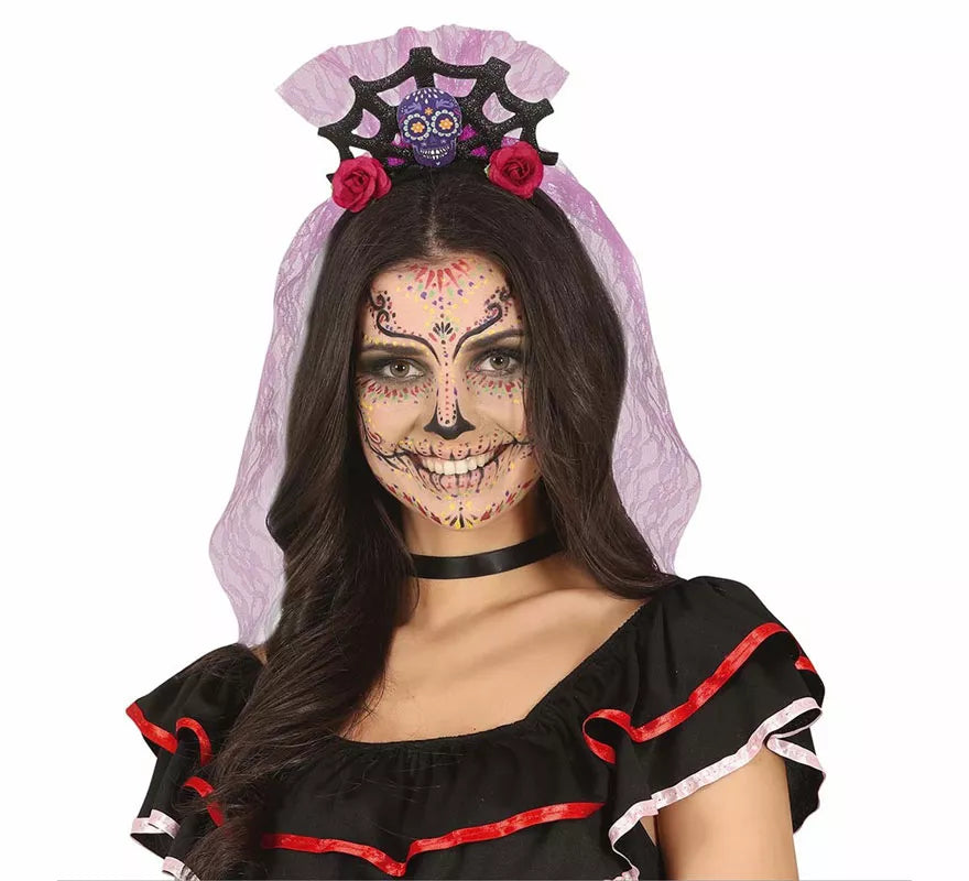 Diadema Calavera con Velo Lila y Rosas
