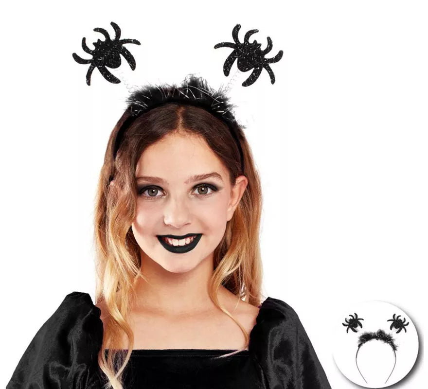 Translation missing: es.Diadema de Arañas negras brillantes con plumas infantil