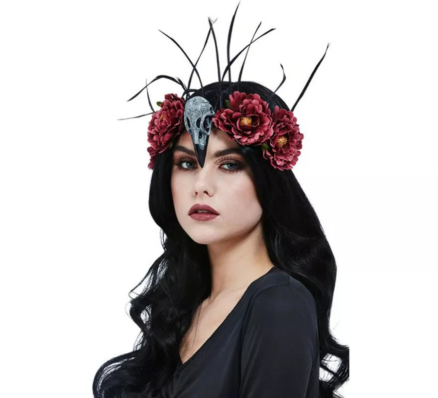 Translation missing: it.Diadema de Calavera y Pluma de pájaro con flores
