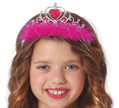Cerchietto cuore rosso e argento con piuma fucsia per bambini