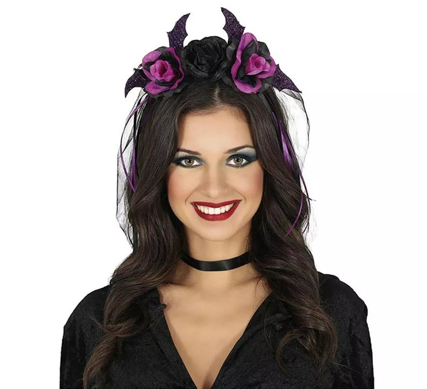 Translation missing: es.Diadema de Flores negras y lilas con Velo