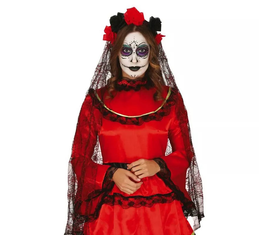 Translation missing: it.Diadema de Flores Negras y Rojas con Velo