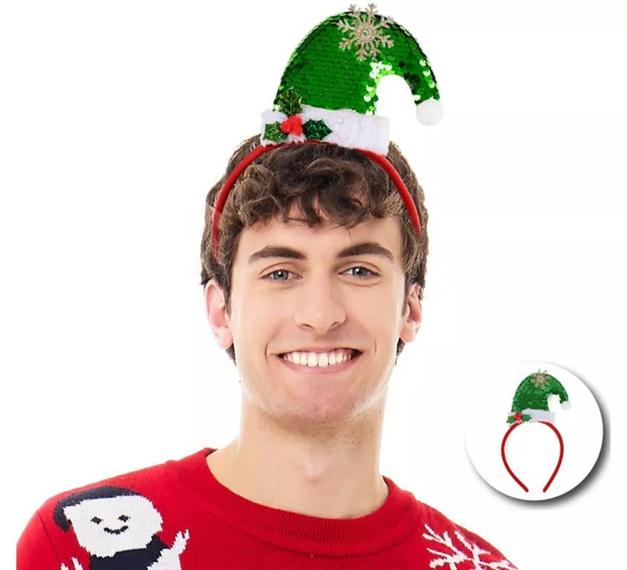 Translation missing: es.Diadema de Gorro Navideño con lentejuelas verdes
