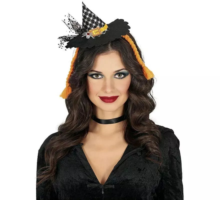 Translation missing: it.Diadema de Mini Sombrero Bruja con trenzas naranjas