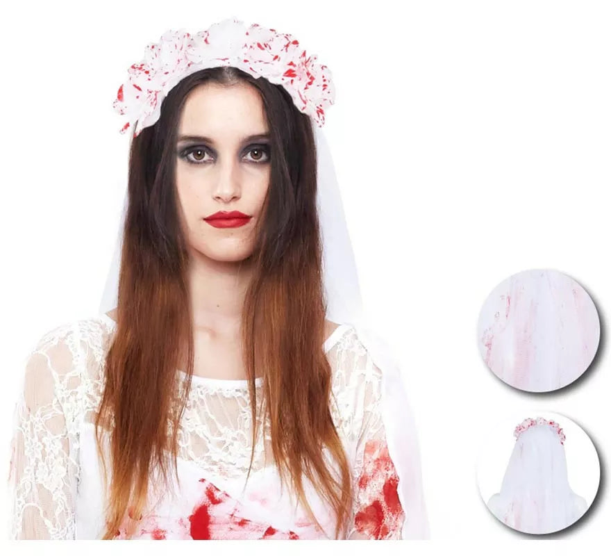 Translation missing: it.Diadema de Novia muestra con velo y sangre falsa de 90 cm