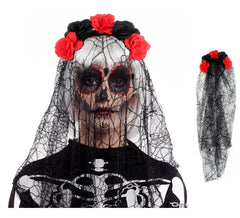 Cerchietto Catrina con rose nere e rosse con velo