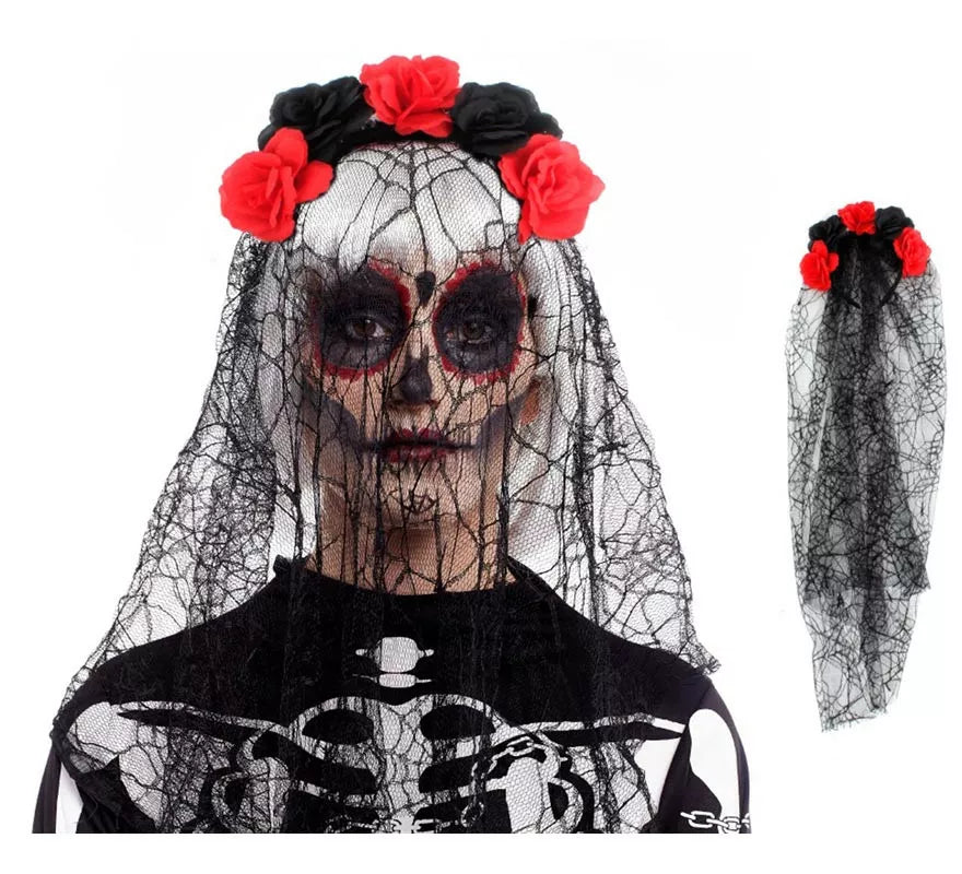 Translation missing: es.Diadema de Rosas Catrina negro y rojo con velo