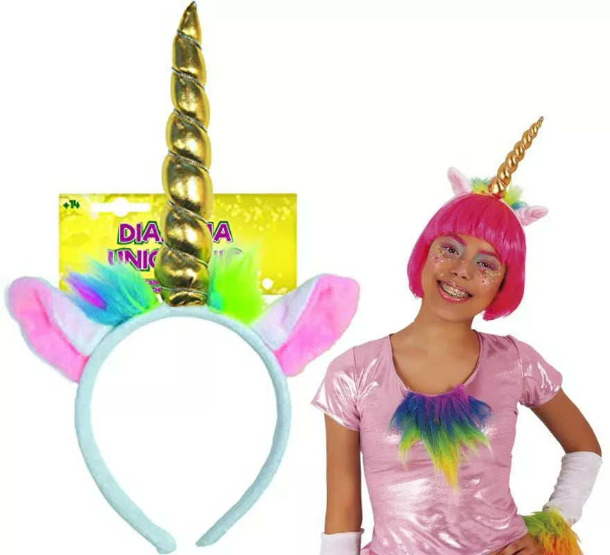 Translation missing: it.Diadema de Unicornio multicolor con Cuerno dorado infantil