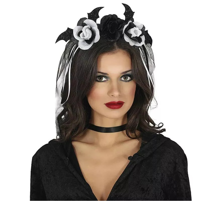 Translation missing: it.Diadema de Velo y Flores negras y blanca