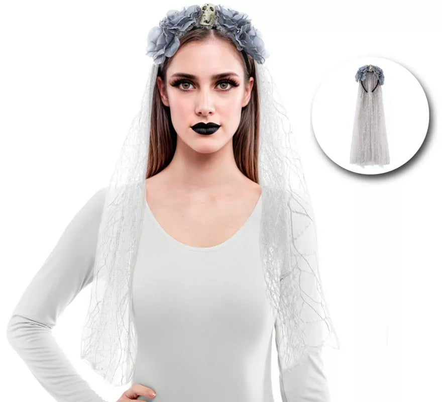 Diadema Flores con Velo gris