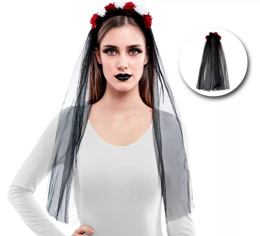 Diadema Flores con Velo negro