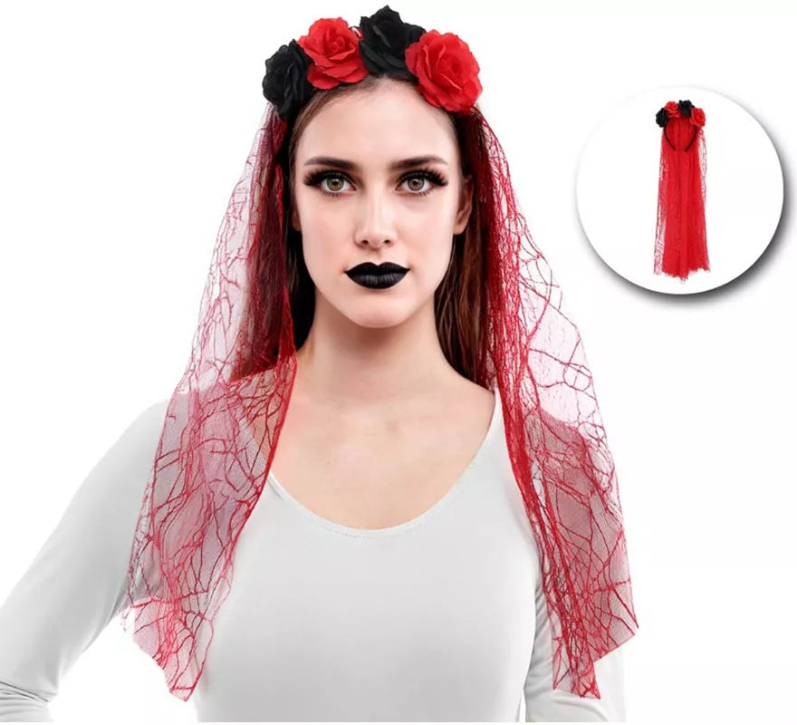 Translation missing: es.Diadema Flores con Velo rojo
