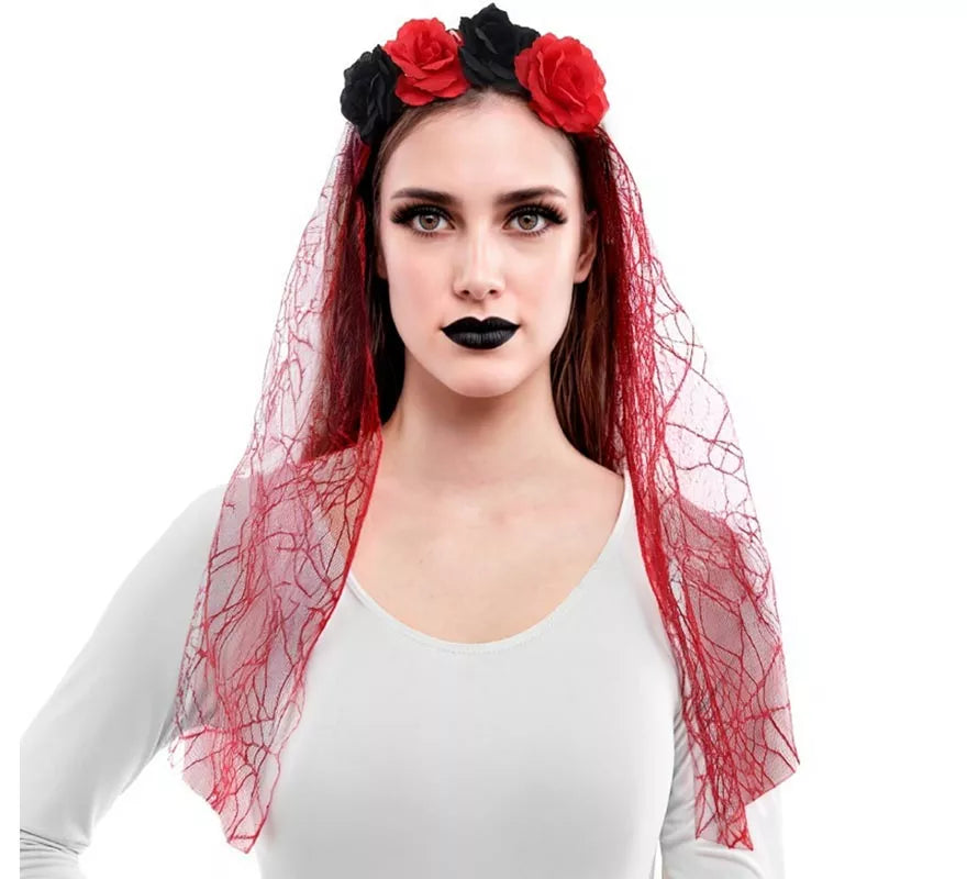 Translation missing: es.Diadema Flores con Velo rojo