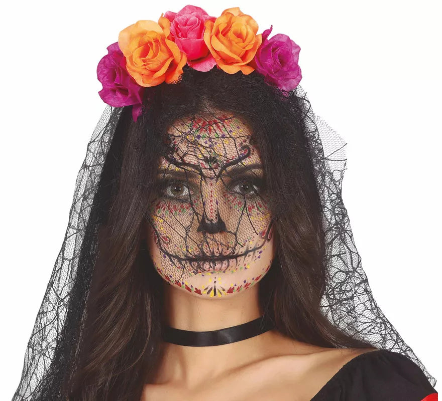 Translation missing: it.Diadema Flores Lila y Naranja con Velo