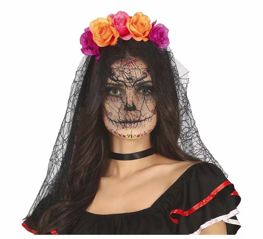 Translation missing: it.Diadema Flores Lila y Naranja con Velo
