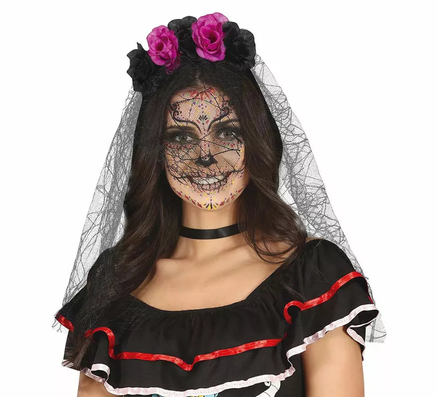 Translation missing: it.Diadema Flores Lila y Negras con Velo