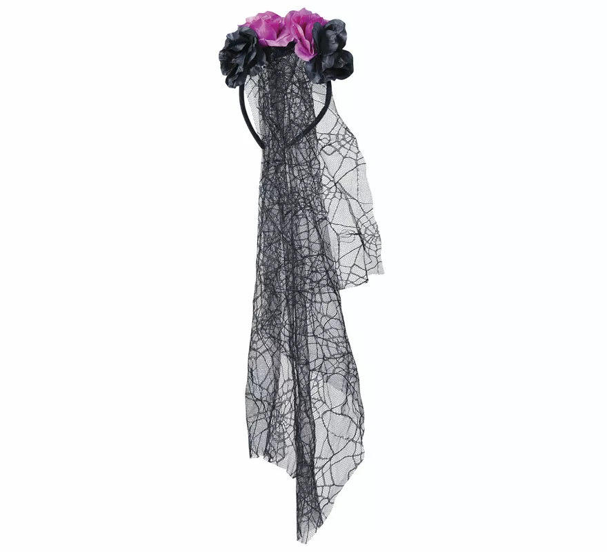Diadema Flores Lila y Negras con Velo