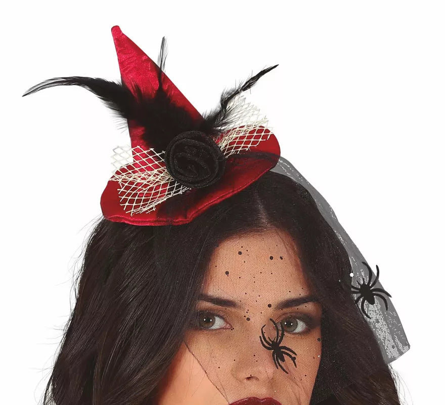 Translation missing: it.Diadema Mini sombrero de Bruja Rojo con Velo