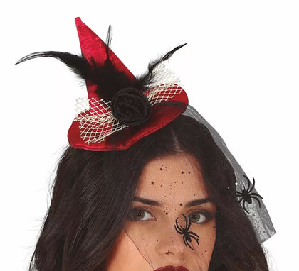 Diadema Mini sombrero de Bruja Rojo con Velo