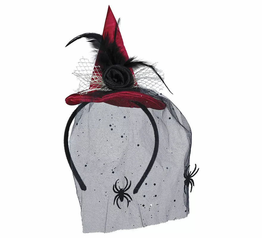 Translation missing: it.Diadema Mini sombrero de Bruja Rojo con Velo