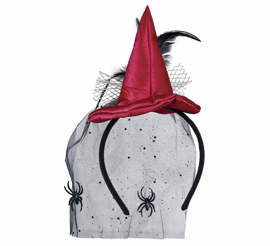 Translation missing: it.Diadema Mini sombrero de Bruja Rojo con Velo