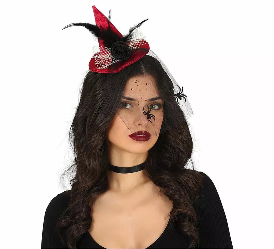 Translation missing: it.Diadema Mini sombrero de Bruja Rojo con Velo