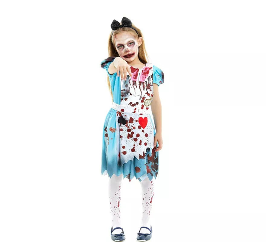 Disfraz de Alicia Zombie vestido azul clásico para niña y adolescente