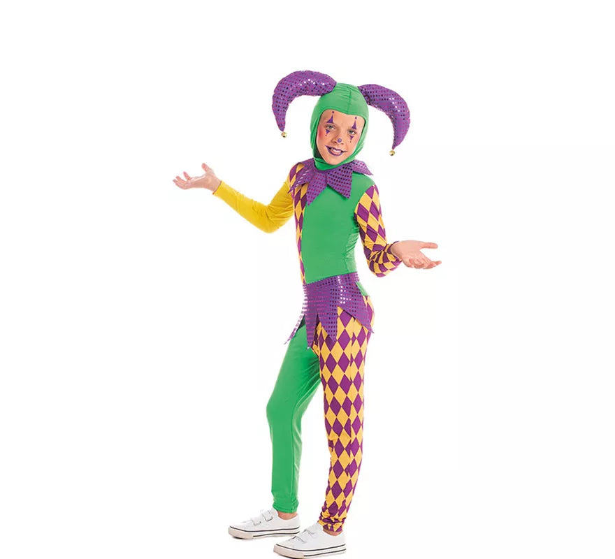 Translation missing: it.Disfraz de Arlequín púrpura y verde a cuadros para niño