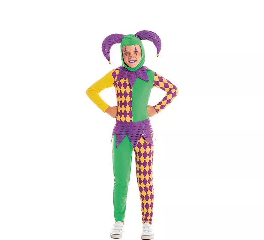Translation missing: es.Disfraz de Arlequín púrpura y verde a cuadros para niño