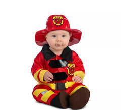Costume da pompiere rosso e giallo con casco per bambino