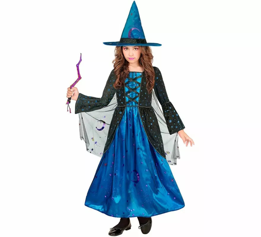 Disfraz de Bruja azul con Estrellas para niña