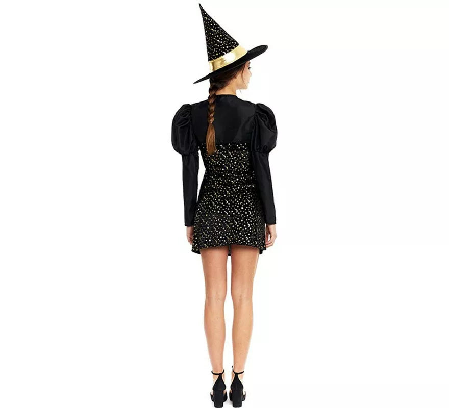 Translation missing: es.Disfraz de Bruja Elegante negro y dorado con lazo para mujer