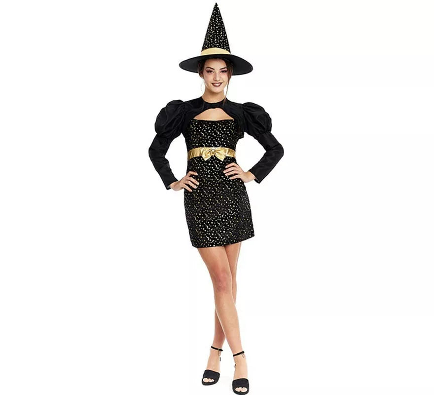 Translation missing: it.Disfraz de Bruja Elegante negro y dorado con lazo para mujer