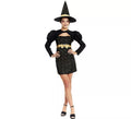 Disfraz de Bruja Elegante negro y dorado con lazo para mujer