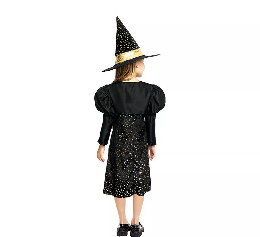Translation missing: it.Disfraz de Bruja Elegante negro y dorado con lazo para niña