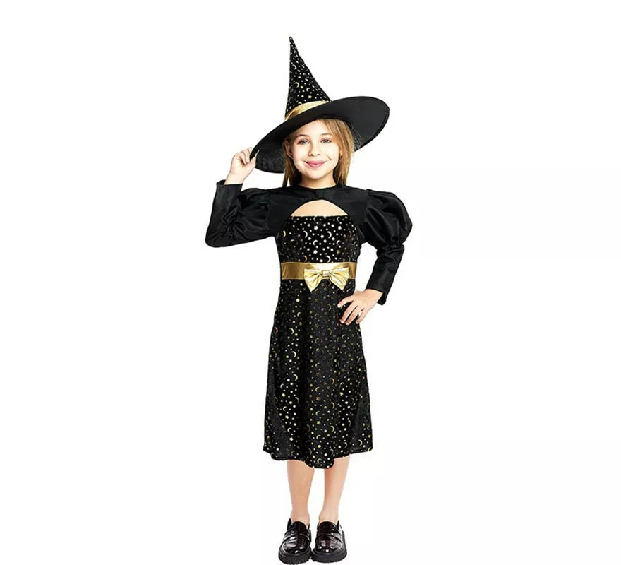Translation missing: it.Disfraz de Bruja Elegante negro y dorado con lazo para niña