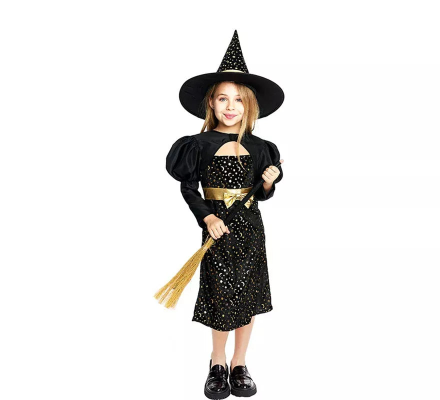 Disfraz de Bruja Elegante negro y dorado con lazo para niña