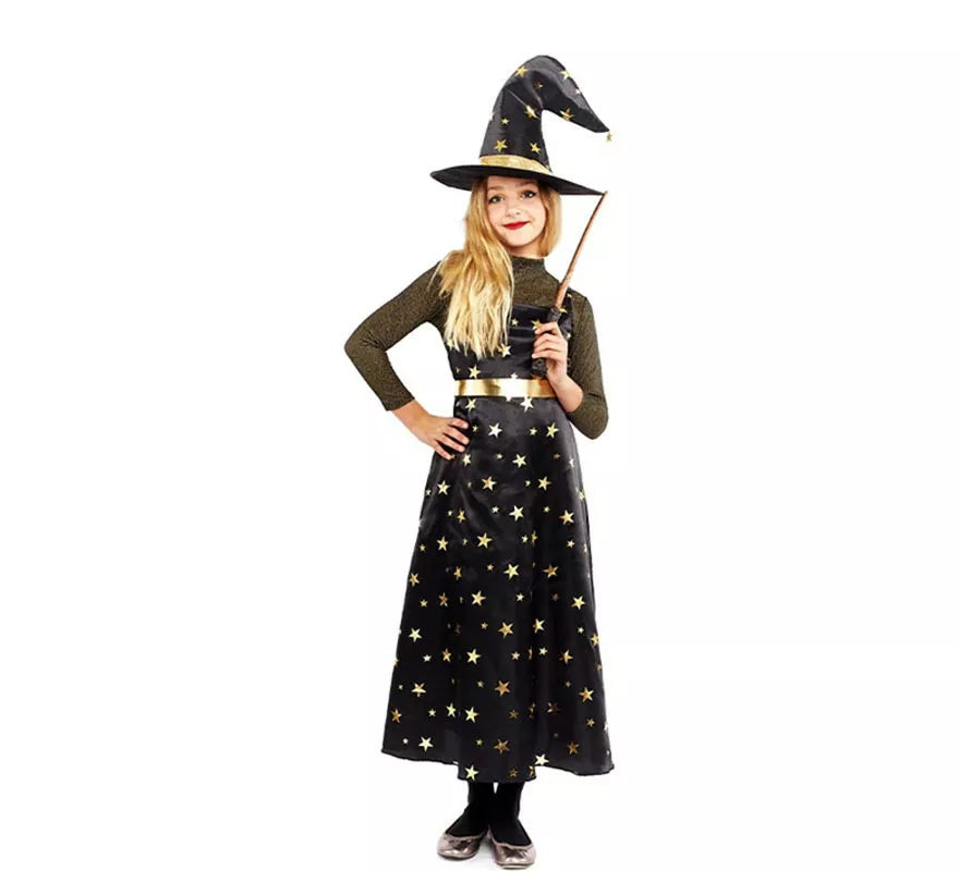 Translation missing: it.Disfraz de Bruja Estrellas dorada con sombrero para niña