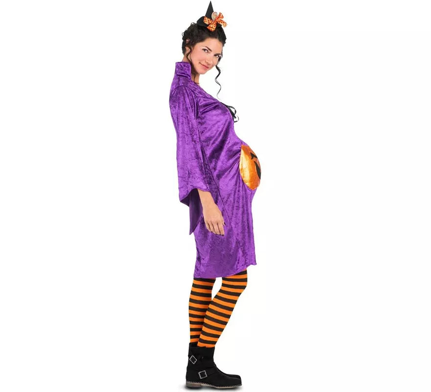 Disfraz de Bruja morada con Calabaza para mujer embarazada