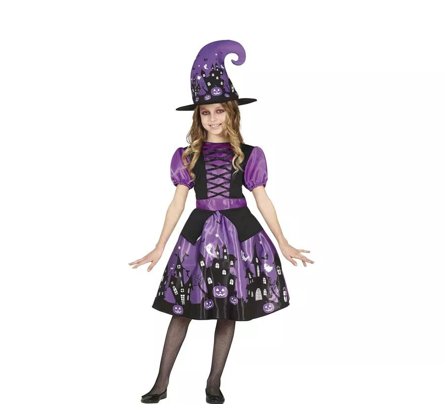 Translation missing: es.Disfraz de Bruja Morada con vestido estampado para niña