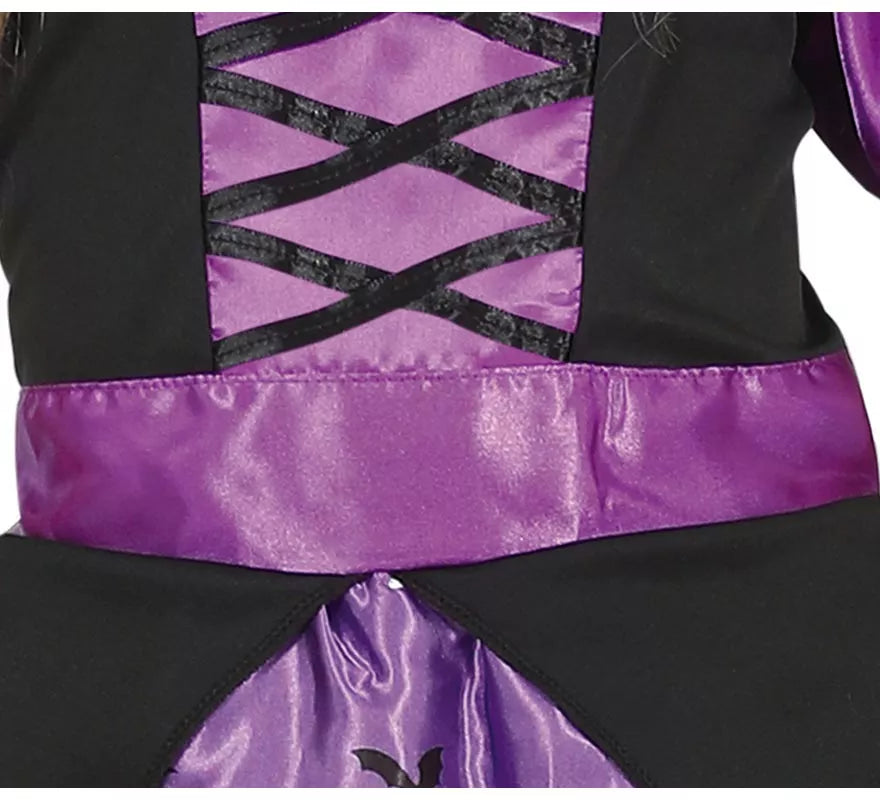 Disfraz de Bruja Morada con vestido estampado para niña