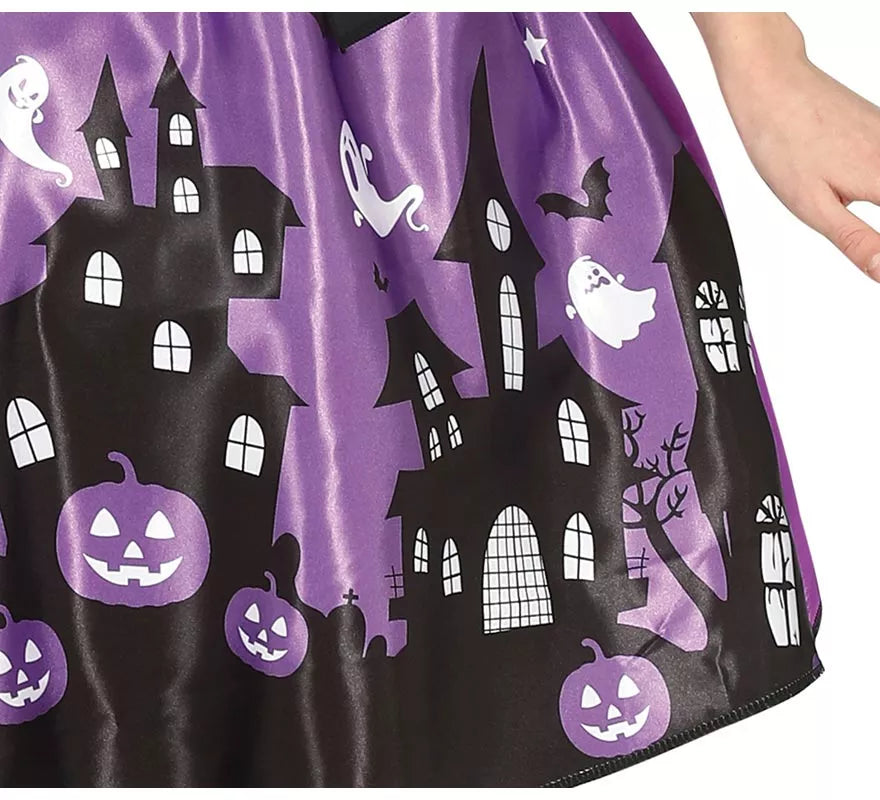 Disfraz de Bruja Morada con vestido estampado para niña