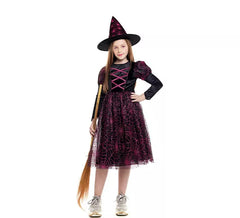 Costume da Strega della Ragnatela nero e fucsia per bambina