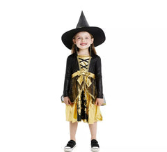 Costume da strega oro e nero con cappello per bambina e bambina