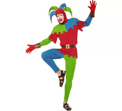 Costume da giullare medievale colorato per uomo