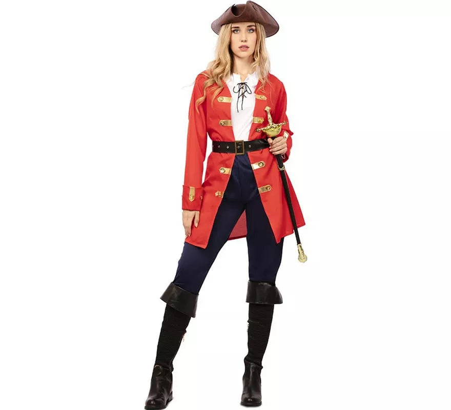 Disfraz de Capitana Pirata roja con cinturón para mujer